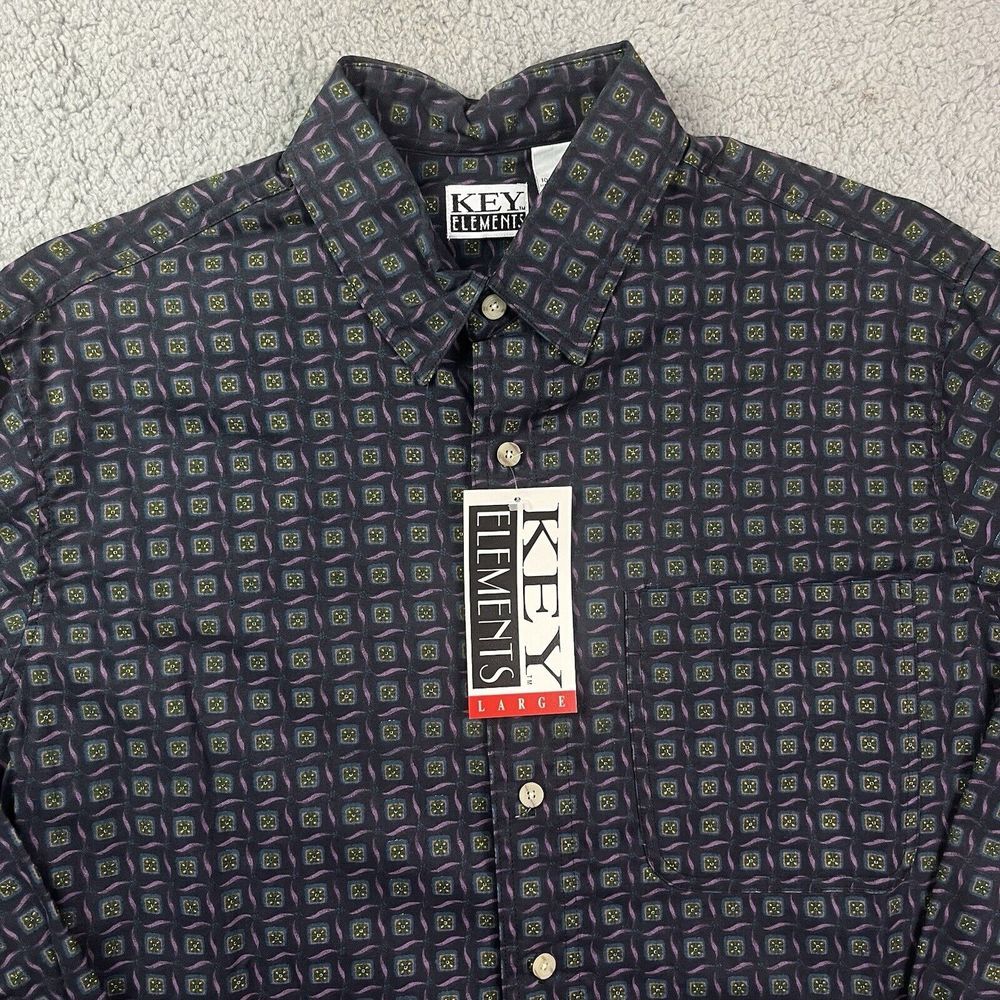 Vintage Key Elements 90's‎ Button Shirt Purple Groovy Pattern Long Sleeve Size L